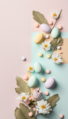 Minimalist, modern Easter background with flowers and Easter eggs in pastel colors with lots of free space from above telephone wallpaper mobile