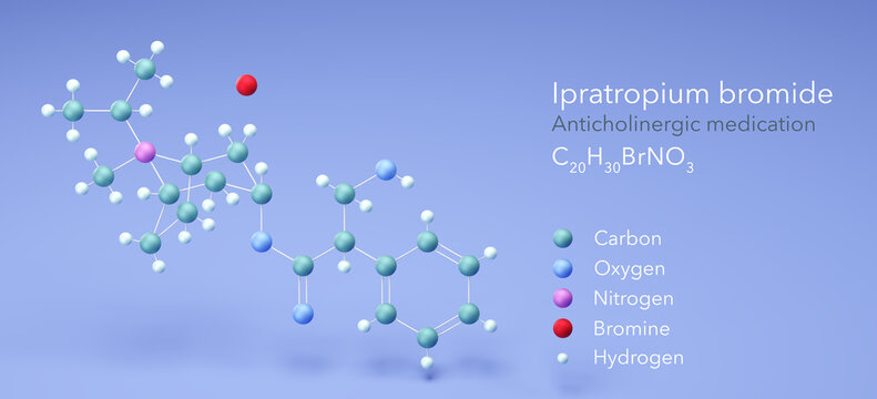 Ipratropium bromide molecule, molecular structures, Atrovent, 3d model, Structural Chemical Formula and Atoms with Color Coding