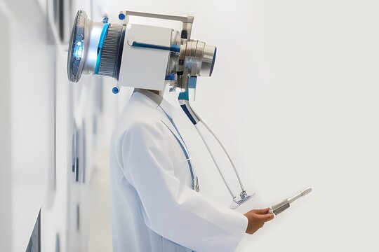 Robotic doctor with artificial intelligence. Diagnostic machine in the head.