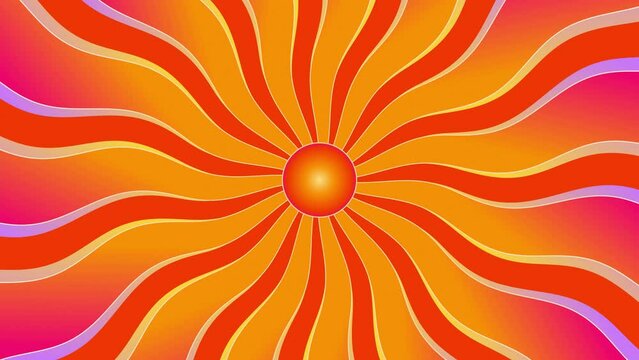Retro, wavy, groovy, hippie, flat, abstract, cartoon sunbeams looping background in 70s retro style.