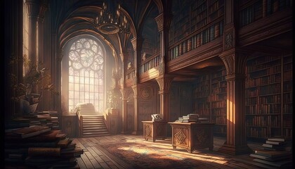 Fototapeta premium Old and magical library. Generative AI. 