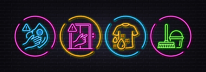 Wash t-shirt, Dont touch and Dirty mask minimal line icons. Neon laser 3d lights. Bucket with mop icons. For web, application, printing. Vector