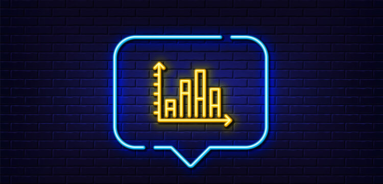 Neon light speech bubble. Diagram graph line icon. Column chart sign. Market analytics symbol. Neon light background. Diagram graph glow line. Brick wall banner. Vector