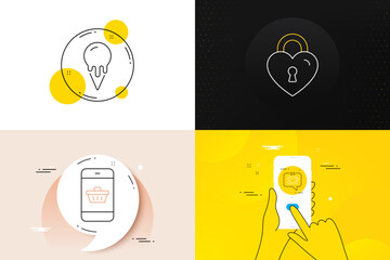 Minimal set of Smartphone buying, Coffee and Ice cream line icons. Phone screen, Quote banners. Love lock icons. For web development. Website shopping, Cafe, Vanilla waffle. Bridge locker. Vector