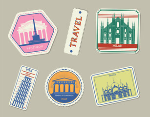 Travel stickers set with architectural monuments of Italy. Vector labels with grunge texture