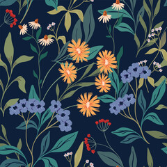 Seamless floral pattern with wildflowers garden  in vintage style. Beautiful botanical print design with hand drawn wild plants: small flowers, branches, leaves on dark background. Vector illustration