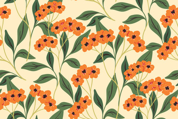 Seamless floral pattern with pretty garden in vintage style. Beautiful botanical print design with hand drawn blooming trees: small flowers, leaves, branches on a light background. Vector illustration