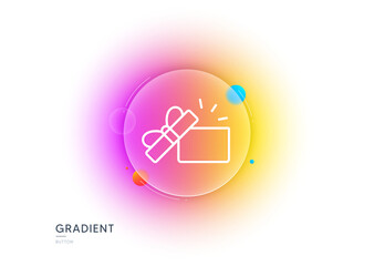 Opened Gift box line icon. Gradient blur button with glassmorphism. Present or Sale sign. Birthday Shopping symbol. Package in Gift Wrap. Transparent glass design. Opened Gift line icon. Vector