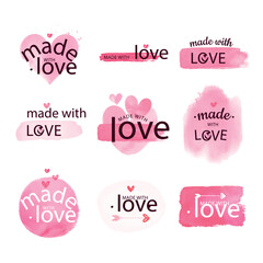 Set of Made with Love Watercolor Labels and Logos - Vector Illustration