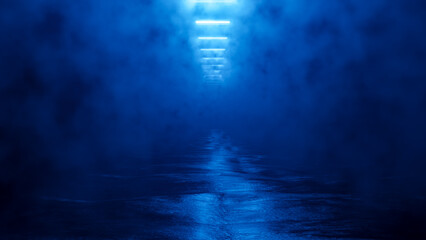 3D Futuristic Tunnel With Smoke, Concept World, Scene With A Corridor With Blue Fluorescent Lights....