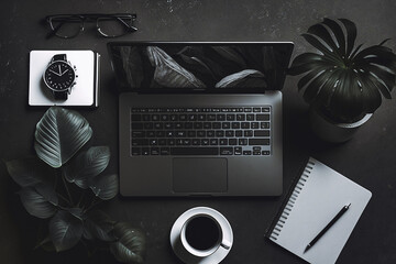 stylish modern minimalist workspace with laptop computer and a plant - flat lay / top view, black and grey colors, fantasy keyboard - created with AI 
