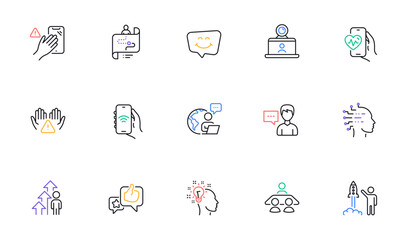 Dont touch, Video conference and Like line icons for website, printing. Collection of Outsource work, Smile chat, Internet app icons. Employee result, Launch project, Person talk web elements. Vector