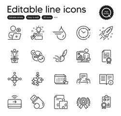 Set of Education outline icons. Contains icons as Technical info, Block diagram and Startup rocket elements. Statistics, Inclusion, Inspect web signs. Certificate diploma, Flash memory. Vector
