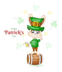 Happy St. Patrick's Day card with bunny, beer mug and barrel