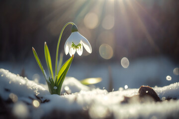 Spring's Renewal
A blooming snowdrop and a green sprout are symbols of the change of season, general renewal and new life. Generative AI - obrazy, fototapety, plakaty