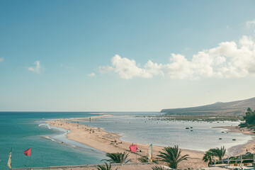 Obraz premium Fuerteventura Spain. September 16, 2022. Aerial view of the lagoon at Sotavento beach in Fuerteventura, Canary Islands, Spain