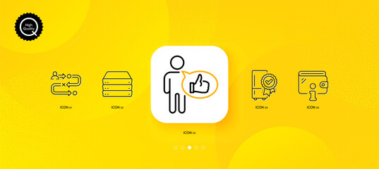 Like, Certified refrigerator and Journey path minimal line icons. Yellow abstract background. Wallet, Servers icons. For web, application, printing. Thumbs up, Kitchen fridge, Project process. Vector