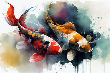 Watercolor illustration of Koi fish on white background with a dark color splash. Generative AI.