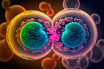 Cell division in multi-colored tones, a model under a microscope. Generative AI