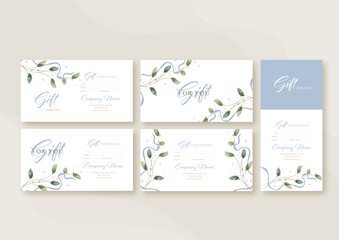 Gift voucher card template in rustic style, concept cover. Modern set discount coupon or certificate layout. Greenery Watercolor Floral Vector illustration.