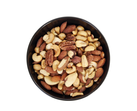 Bowl of mixed nuts with cut out background.
