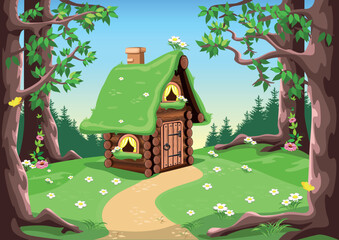 Obraz na płótnie Canvas A fairy tale hut made of logs with carved trim on the roof, a chimney and a horseshoe for luck. Old fairy tale house in the forest. Vector illustration in cartoon style. Magical fairy tale background.