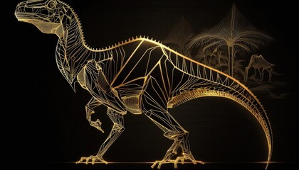 Fototapeta na wymiar Minimalist gold lines dinosaur, art, black background