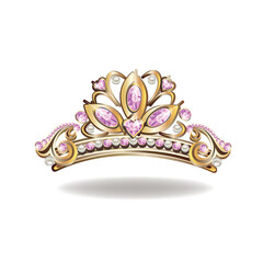 Golden princess crown or tiara with pearls and pink gems. Vector illustration of a beautiful princess jewel on a white background. © liana2012