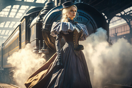 Fashionably Dressed Victorian Lady on Railway Platform with Steam Train