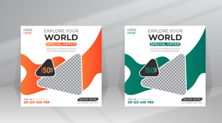 Traveling and Holiday Adventure Vacations Tour Social Media Post, Square Flyer Banner Ads Promotion Template for Tour Business