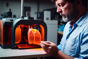 Organ 3D printing technology for transplantation of human internals - artificial heart implant with modern innovations. Medical engineer using 3d printer for liver printed. The engineer demonstrates - obrazy, fototapety, plakaty