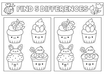 Easter black and white kawaii find differences game. Coloring page with cute cupcakes with carrot, flower, eggs. Spring holiday puzzle for kids with funny cup cakes. What is different worksheet.