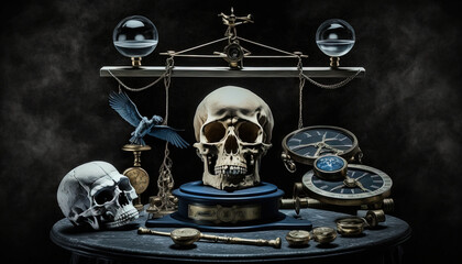  a skull sitting on top of a table next to a clock and a pendulum wheel with a bird on it and a clock on top of it.