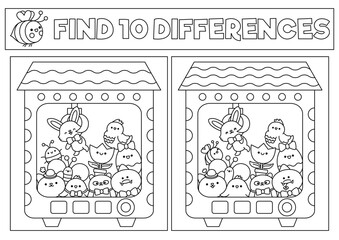 Obraz premium Easter black and white kawaii find differences game. Coloring page with cute animals in toy vending machine. Spring holiday puzzle or activity for kids with characters. What is different worksheet.