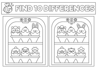 Easter black and white kawaii find differences game. Coloring page with cute hatching animals in fridge. Spring holiday puzzle or activity for kids. Printable what is different worksheet.