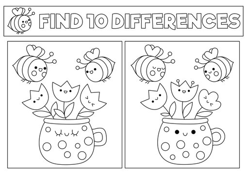 Garden black and white kawaii find differences game. Coloring page with cute bees and flowers in pot. Spring holiday puzzle or activity for kids. Printable what is different worksheet.