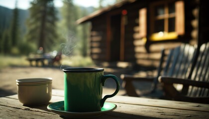  a cup of coffee sitting on top of a wooden table next to a plate with a steaming cup on it and a bench in the background.