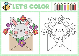 Obraz na płótnie Canvas Easter coloring page for children with cute kawaii bunny in envelope with flowers. Vector spring holiday outline illustration. Color book for kids with example. Drawing skills printable worksheet.