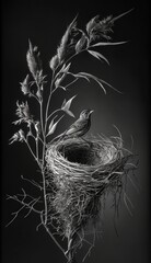  a black and white photo of a bird sitting in a nest on a branch with a nest in the middle of the nest and a plant.