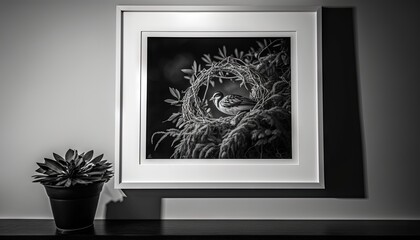  a black and white photo of a bird in a nest on a table next to a potted plant and a framed photograph of a bird.