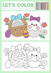 Easter coloring page for children with cute kawaii basket and egg. Vector spring holiday outline illustration. Color book for kids with colored example. Drawing skills printable worksheet.