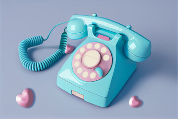 blue  rotary telephone with pink hearts on blue background