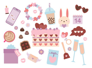 Valentine's day set of cute elements in pastel colors. Decor. Color vector illustration.