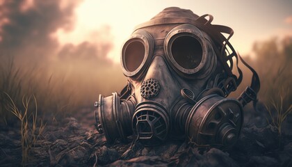 Abandoned Gas Mask in Post-Apocalyptic World: A Powerful Background Design for Post-Apocalyptic Themes. Generative ai illustration - obrazy, fototapety, plakaty
