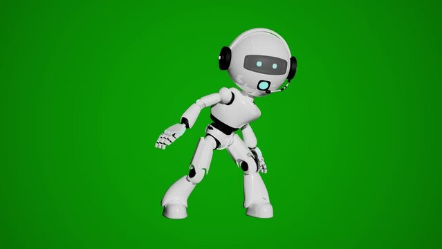 chatbot dancing animation from closeup to wide green screen background. A.i. Robot in movement