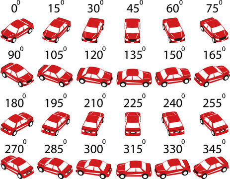 A set of 24 logo cars from different angles. Rotation of the car in logo style by 15 degrees for animation.  