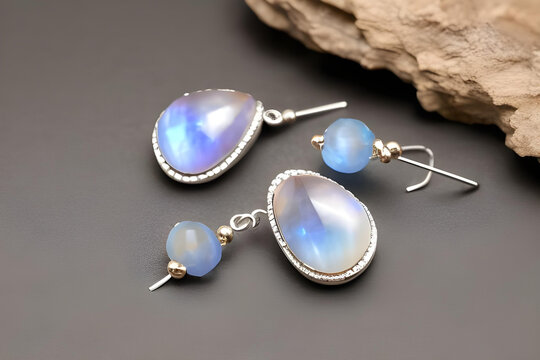 silver earrings. earrings. earring concept. close up of a pair of rings. set of earrings. AI generated. jewelry. topaz earrings. topaz. jewelry. moonstone. moonstone earrings. moonstone jewelry. 