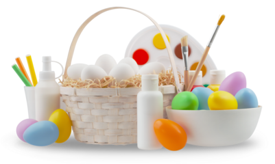 Happy Easter, basket eggs with colors and brushes for decorations painting concept, isolated on transparent background, banner for gift greeting card or advertising promotional shopping sale