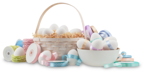 Happy Easter decorations, basket eggs with light pastel colored bright ribbons bows and string, isolated on transparent background, banner for gift greeting card or advertising promo shopping sale.