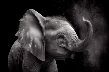 Schwarz weiß Portrait von einem Baby Elefanten. Perfektes afrikanisches Wandbild - Generative Ai